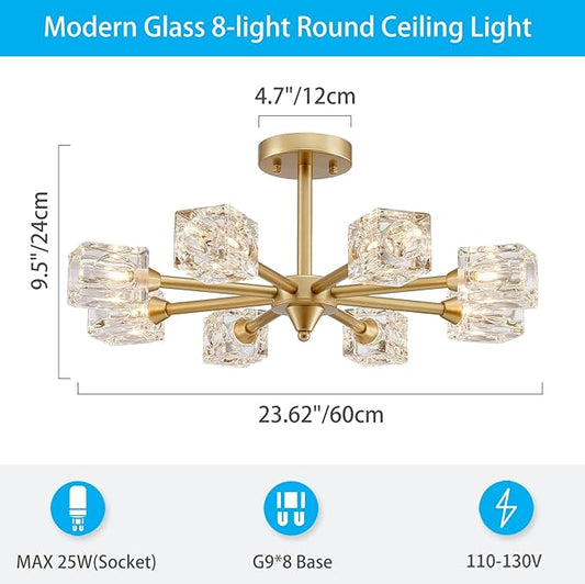 XINGQI Semi Flush Mount Ceiling Light Fixture Modern Sputnik Chandeliers 8 Lights Gold Chandelier, Fashion Lighting for Bedroom Dining Room Farmhouse Kitchen Office