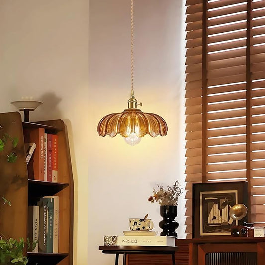 Plug in Pendant Light, Hanging Lights with Plug in Cord, Hanging Light Fixture with Amber Color Glass, E26 Pendant Lighting for Kitchen Island, Bedroom, Dining Room-Browm