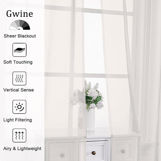 Gwine Ivory Sheer Curtains 90 Inches Long 2 Panels Set, Light Filtering Solid Filmy Drapes for Living Room Bedroom, Elegant Soft Rod Pocket Voile Sheer Window Curtains, 42Wx90L Inch, 2PCS, Ivory