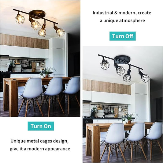 Track Lighting Kit, 4-Light Adjustable Multi-Directional Ceiling Light Fixtures, Vintage Black Metal Wire Cage Farmhouse Light Fixtures Ceiling Mount for Kitchen Dining Table Hallway Bathroom Bedroom