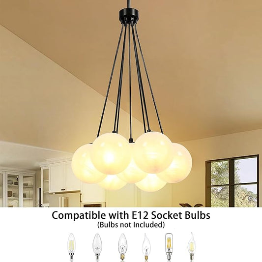 Modern Globe Black Chandelier Milky Glass Shade Sputnik Ceiling Light Fixture, Mid Century Bubble Dining Room Pendant Light, Hanging Island Light for Kitchen Bedroom Entryway Over Table