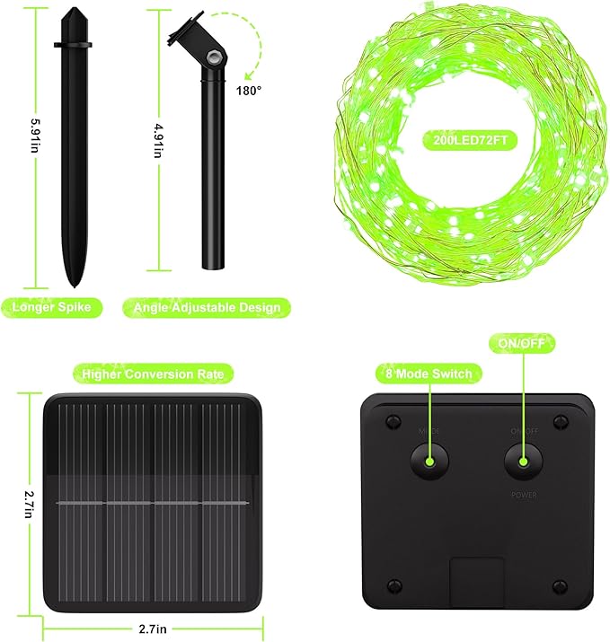 Selarlyt Solar String Lights for Outside, 72Ft 200 LED Solar Fairy Lights with 8 Modes, Solar Powered Fairy Lights Waterproof for Christmas Tree Garden Party Wedding Decor.(Green)