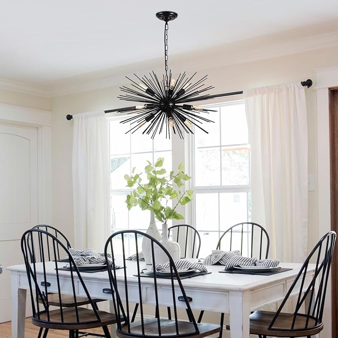 24in Black Sputnik Chandelier Light Fixture Over Table Modern 9-Lights Starburst Chandelier Solid Metal Satellite Sputnik Light Fixture for Dining Room, Kitchen Island, Bedroom,Foyer,Entryway