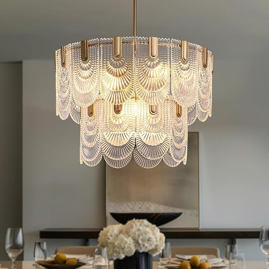 Crystal Glass Chandelier,Gold Glass Kitchen Island Lights,9-Light Dining Room Hanging Pendant Light Fixture for Living Room, Bedroom,Foyer, Bathroom,Entryway, Brass Finish, D24 xH25