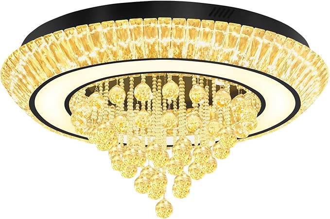 32in Black Crystal Raindrop Chandelier Crystal Flush Mount Ceiling Light Modern Led Luxury Chandelier,Raindrop Chandeliers for Dining Room, Living Room