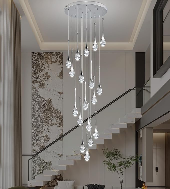 Modern Crystal Staircase Chandelier Polished Chrome 18-Lights, H118'' Large High Ceiling Spiral Dimmable LED Raindrop Foyer Entryway Light Fixture Remote Control