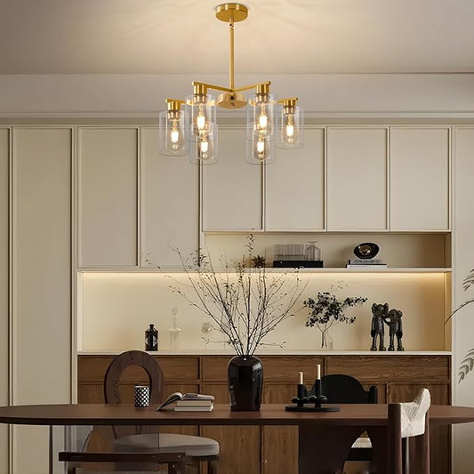 6-Light Modern Gold Chandelier Farmhouse Dining Room Light Fixture with Clear Glass Shade Hanging Ceiling Pendant Lighting for Kitchen Island Living Room Hallway