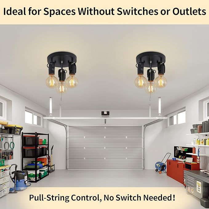 3 Light Flush Mount Ceiling Light with Pull Chain, Industrial Kitchen Ceiling with Rotatable Light Head,Black Pull Chain Spotlight for Bedroom Hallway Kitchen Laundry