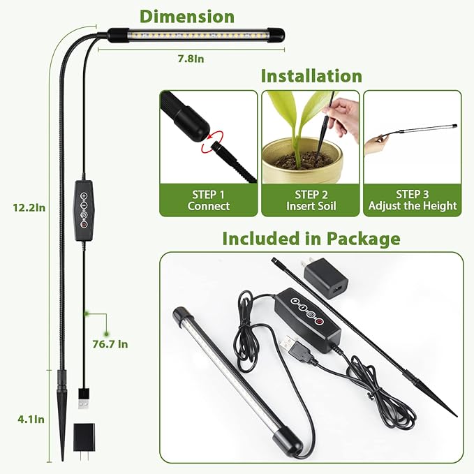Grow Light for Indoor Plants Growing, 6000K Full Spectrum Gooseneck Plant Lamp for Seedings Succulents Small Plants, Auto On/Off Timing & 5 Dimming, 3-Pack