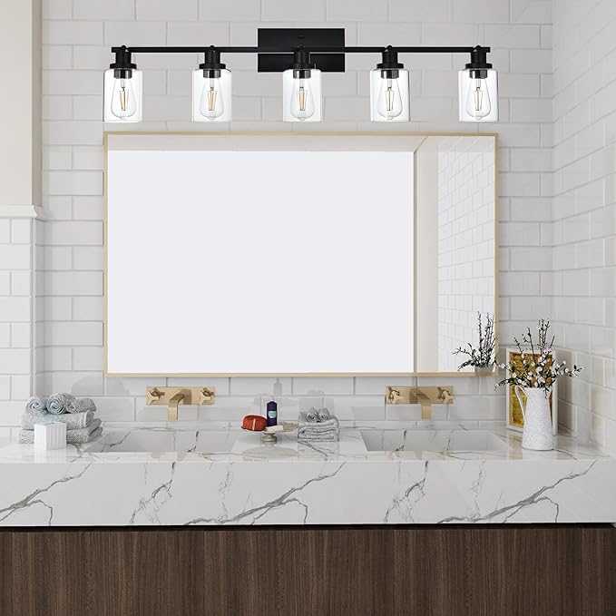 MELUCEE 5 Light Vanity Lights for Bathroom with Rotatable Light Head, Black Ceiling Light Fixture with Clear Glass Shade, Modern Spotlight Track Lighting Kit for Hallway Porch Foyer Bath, 37 Inch