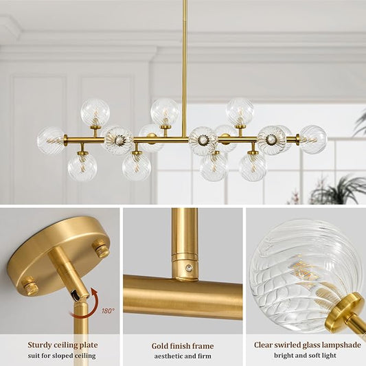16-Light Mid Century Modern Chandelier: 39.4" Long Linear Gold Sputnik Chandeliers - Swirled Clear Glass Globe Chandelier Dining Room Light Fixture - High Ceiling Kitchen Island Living Room Lighting