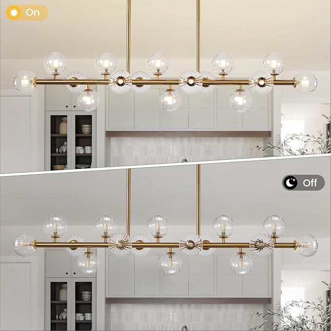Gold Globe Chandelier Linear Rectangle Modern Chandelier Glass Pendant Light Fixture Adjustable for Dining Living Room Kitchen Island 55"