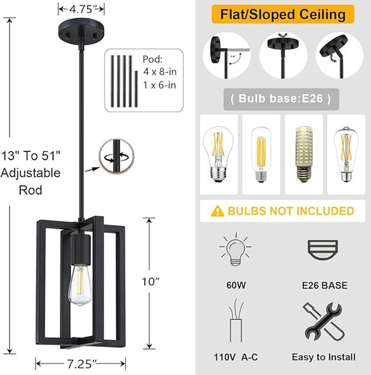 3 Pack 1 Light 7.3" Hanging Farmhouse Indoor Kitchen Island Pendant Light Lantern Cage Black Finish,for Kitchen Island Over Sink Dining Room,Adjustable Length UL Certification