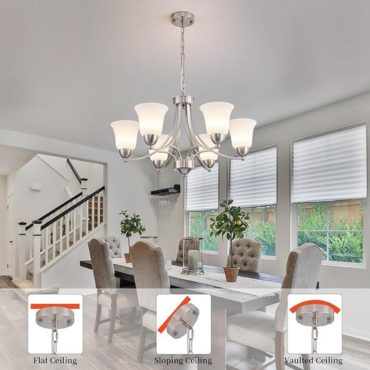 6 Lights Brushed Nickel Dining Room Light Fixture Farmhouse Modern Chandelier Pendant Light Silver Adjustable Ceiling Hanging Lighting with Frosted Glass for Kitchen Island Living Room Foyer