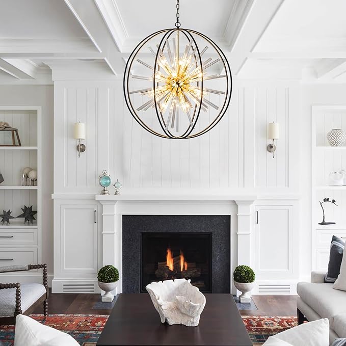 Vezzio 12-Light Modern Sputnik Chandeliers for Dining Room Black and Gold Chandelier for Entryway D27 Globe High Ceiling Light Fixture for Foyer Stairway Hallway Bedroom Living Room