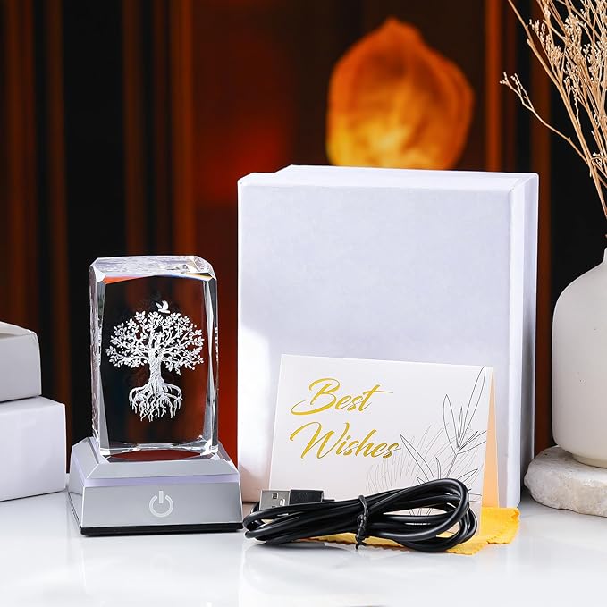 Tree of Life Crystal Cube - 3D Laser Engraved Color Changing LED Light Base | Premium Home Desk Decor, Spiritual Gifts for Women Men, Night Light & Paperweight