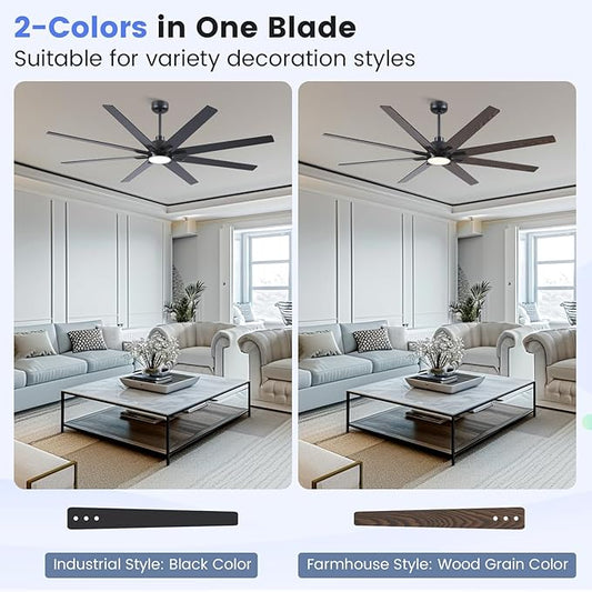 Newday 72 Inch Black Ceiling Fan with Light and Remote, Indoor/Outdoor Silent Reversible DC Motor, 6 Speeds, 3CCT, Timer, 8 Blades, 3 Downrods for Living Room, Patio, Garage