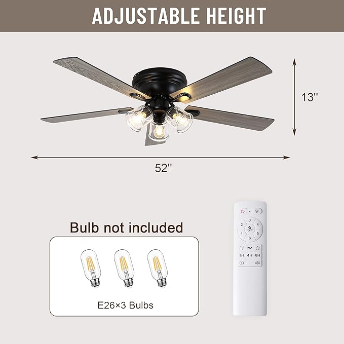 52" Flush Mount Ceiling Fan with Lights and Remote Control,Industrial Farmhouse Ceiling Fan,Reversible Quiet Motor,5 Wood Blades,3 Clear Glass Lights for Bedroom Living Room Kitchen