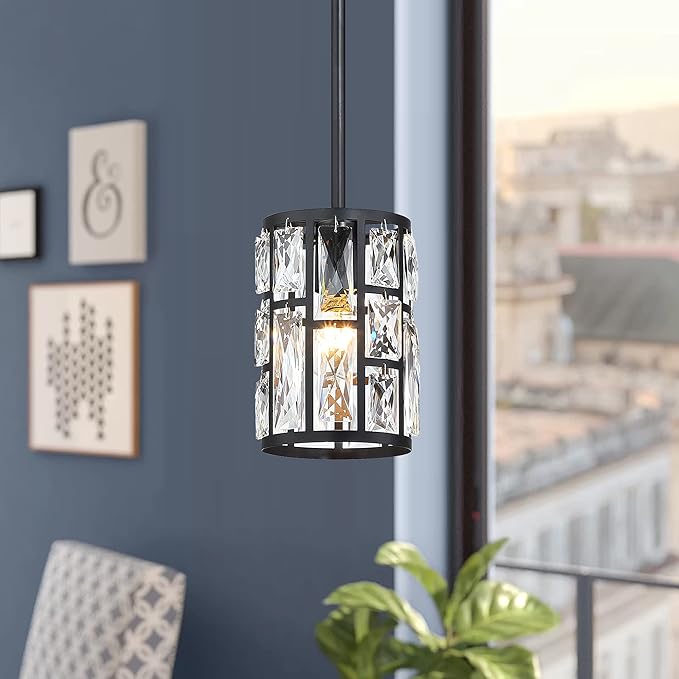 MEXO Black Crystal Pendant Light Fixture Modern Hanging Lighting Mini Crystal Chandelier for Kitchen Island Dinning Room Living Room Hallyway Porch Bedroom Lamp
