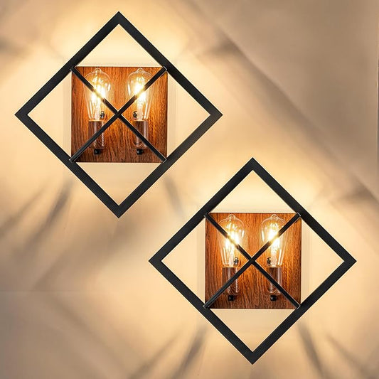 Farmhouse Wall Sconce with Black Finish & Wood Grain, Set of 2 Rustic Wall Sconces Indoor Wall Light Fixtures 17.8in for Stairway, Living Room, Bedroom, Bathroom (2 Light,E26 Base, No Bulbs)