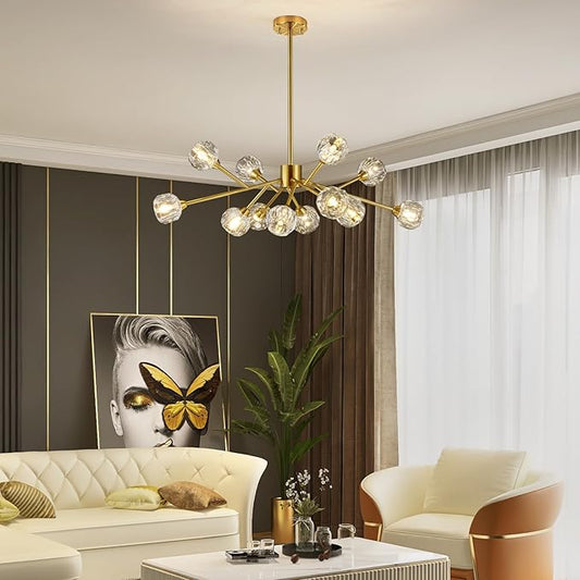Weesalife Sputnik Chandeliers Modern Crystal Pendant Lighting Gold Chandelier 12 Lights Mid Century Ceiling Light Fixtures for Dining Room Kitchen Island Living Room Bedroom Bar