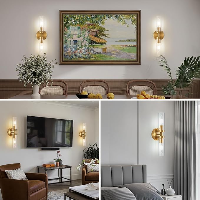 Battery Operated Wall Sconces Set of 2, 330° Rotation 3000K-6000K Dimmable Wireless Wall Sconce with Clear Glass Gold 10400mAh USB Rechargeable Wall Lights with Remote Bulbs Included 2 Pack
