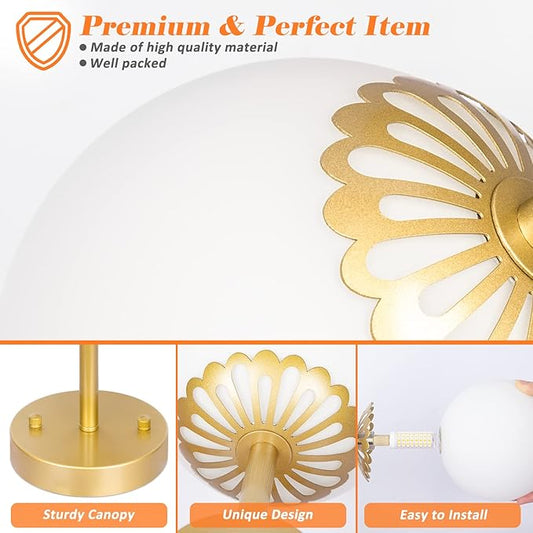 3 Lights Gold Chandelier Mid Century Modern Light Fixture, Gold Semi Flush Mount Ceiling Light with Frosted Globe Glass for Living Room, Bedroom, Nursery Room & Office Ceiling Light (Bulbs Included)