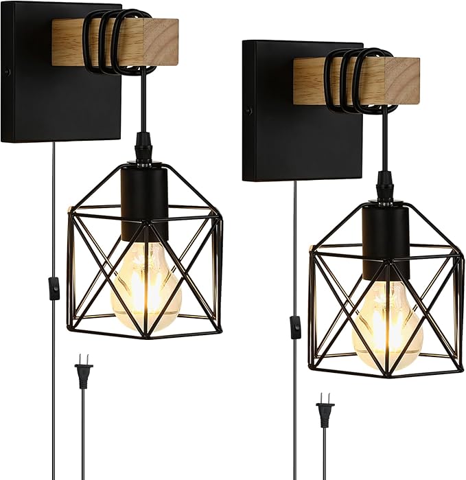 Lightess Plug in Wall Sconces Set of 2 with On/Off Switch, Industrial Wall Lights Metal Cage Lampshade, Black Farmhouse Wall Mounted Lamp for Bedroom Living Room