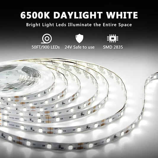 dalattin White LED Strip Lights 50ft Dimmable Bright 24V Led Light Strip 6500K Daylight White 900 LEDs Lights for Bedroom, Mirror, Kitchen, Strong Adhesive(2 Rolls of 25ft)
