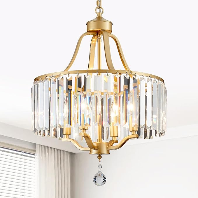Gold Crystal Chandeliers for Dining Room, 4-Light Modern Round Chandeliers 15.7" for Living Room Kitchen Hallway Bedroom Foyer Hall, Adjustable Height Hanging Light Fixture