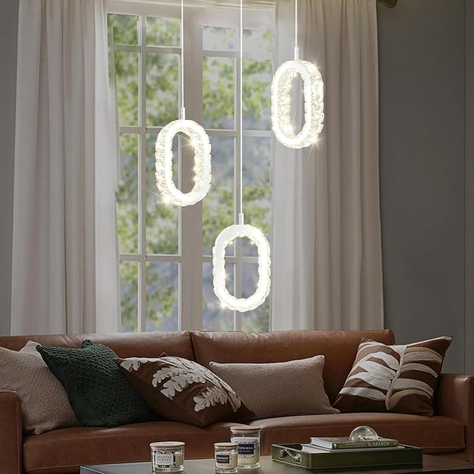 Modern LED Ring Chandelier Dimmable Crystal Ring Pendant Light for Kitchen Island Crystal Ring Chandelier for Dining Room Bedroom Living Room 3-Light Silver