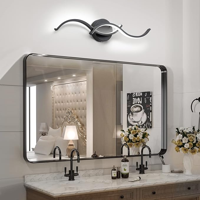 EDISLIVE Modern Wave LED Vanity Light Dimmable Modern Led Vanity Light Fixtures Linear Wall Sconce with Acrylic Strip Shade,24 in LED Vanity Lights for Bathroom Bedroom Makeup Living Room, Black