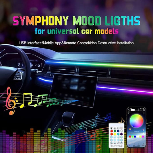 Interior Car Ambient Lighting Kit, 43.3 Inches RGB USB LED Ultrathin Acrylic Strip Lights Neon Accessories for Cars Truck SUV Center Console Dashboard with APP&Remote Control