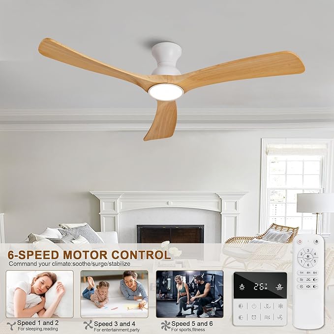 Flush Mount Ceiling Fans with Lights,52 inch,Remote Control,Wall Switch,Solid Wood Blades,Dimmable,Reversible Noiseless,Power Off Memory Modern Ceiling Fan Indoor/Outdoor for Bedroom Patios