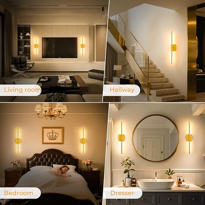 GvvooHome Battery Operated Wall Sconce Detachable 360°Rotate, Wireless Wall Lamp 3000-6500K Dimmable, 10000mAh Rechargeable Wall Light for Bedroom, Living Room,28.3" Black Gold 4 Pack