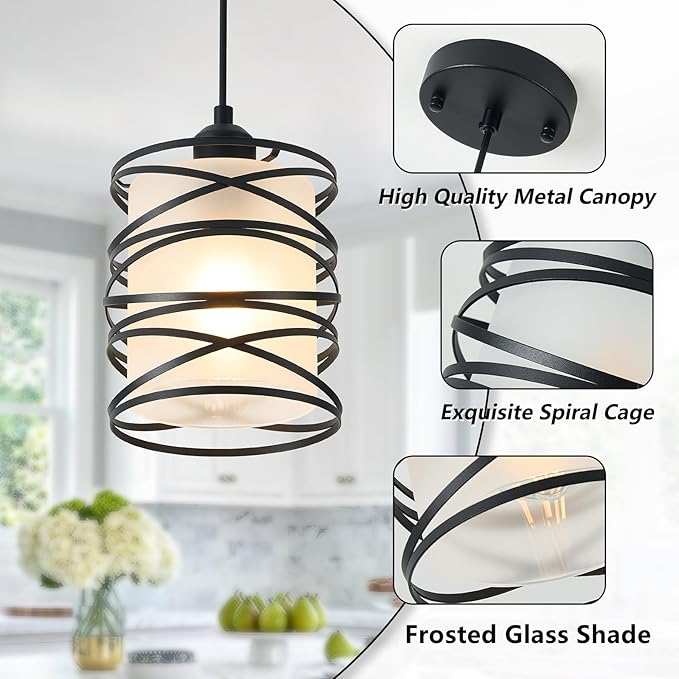 3 Pack Frosted Glass Pendant Light Fixtures 6.3Inch Spiral Metal Cage Mini Pendant Lighting Handblown Kitchen Island Hanging Light Adjustable Cord Pendant Lamp for Dining Room Foyer Hallway, E26