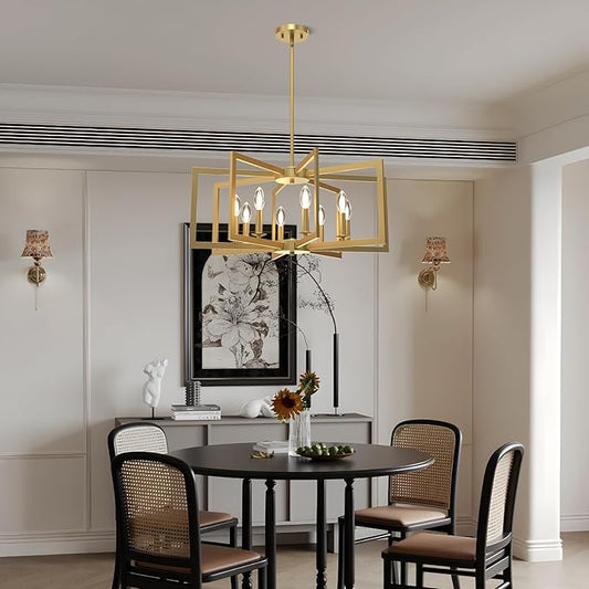 Modern Gold Chandelier, 8-Light Geometric Dining Room Light Fixture, Industrial Pendant Lights Kitchen Island, Hanging Metal Farmhouse Chandeliers for Dining Room Entryway Foyer Bedroom Kitchen 