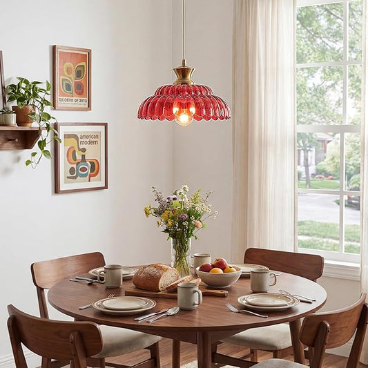 Red Glass Pendant Light, 11.8" Vintage Pendant Lighting Brushed Gold Glass Light Fixtures Red Chandelier Modern Hanging Ceiling for Dining Room Kitchen Island Sink Bedroom Foyer Entryway