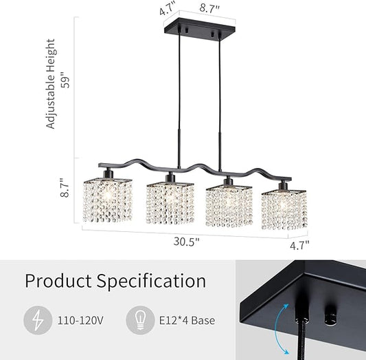 WUZUPS Crystal Chandelier 4-Light Linear Raindrop Pendant Ceiling Light Modern Lighting Fixture for Bedroom Dinning Room Bar Kitchen Island, H8.7'' W4.7'' L30.5, E12 Base, Black