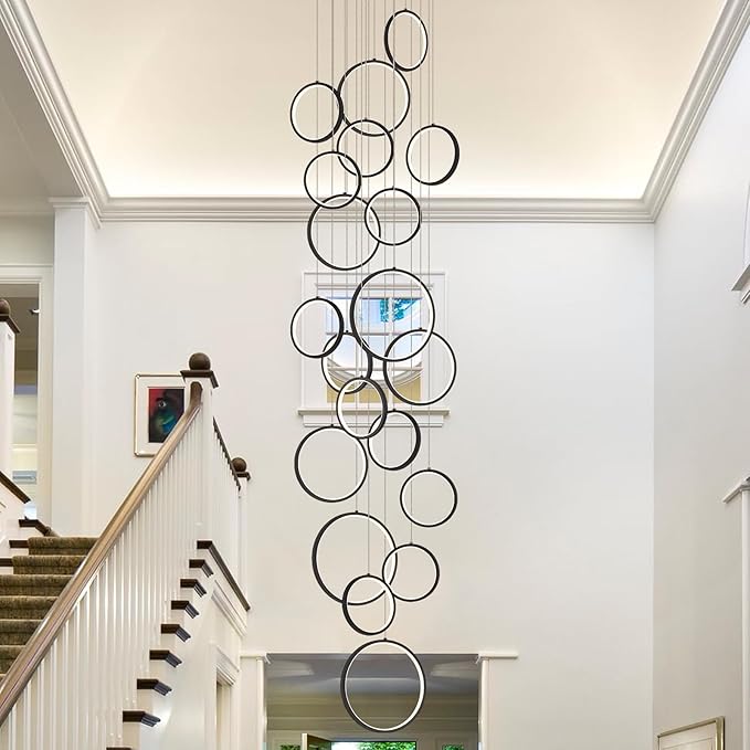 20 Rings Modern LED Chandelier for High Ceiling Dimmable Black Contemporary Foyer Long Chandelier for Entryway, Long Pendant Light Fixture Staircase Dining Living Room, 3000-6500K