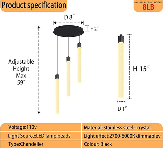 LED Black 3-Light Pendant Light for Kitchen Island Modern Dimmable Led Crystal Column Chandelier for Dining Room Foyer Entryway Hanging Pendant Lighting 2700K-6000K