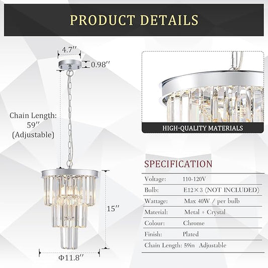 3 Pack Chrome Crystal Pendant Light, Modern 3 Tiers K9 Crystal Chandelier Mini Ceiling Pendant Light Fixture for Kitchen Island Dining Room Hallway Bedroom Closet