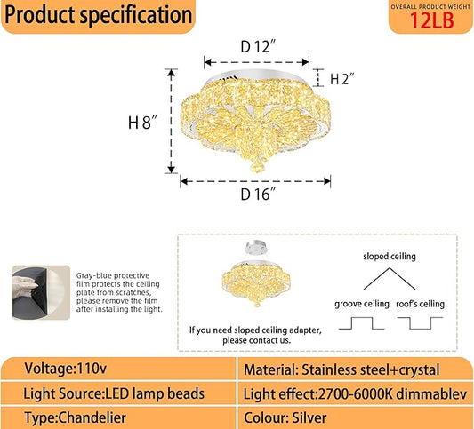 Modern Crystal Chandelier for Living Room 16in Chrome Crystal Raindrop Ceiling Light for Room Bedroom LED Dimmable 2700K-6000K