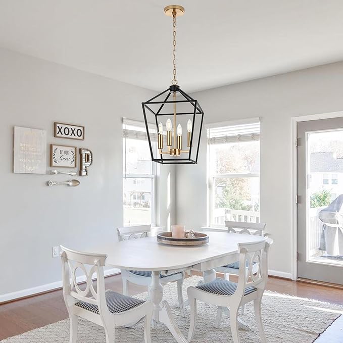 MELUCEE 4-Light Farmhouse Cage Pendant Light in Black Vintage Chandelier Lantern Hanging Light Fixtures Ceiling with Brass Candle-Shaped Socket for Kitchen Island, Dining Room, Foyer