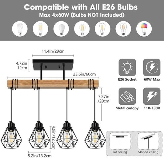 4-Lights Farmhouse Wood Kitchen Island Lighting, 23.6'' Dining Room Light Fixtures Chandelier Over Table, Rustic Black Cage Pendant Lights Ceiling Hanging for Pool Table, Living Room, Hallway