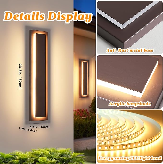 24 in Long Outdoor LED Wall Lights, Modern Exterior Garage Wall Light,Outside Light Fixtures for House,Patio,Front Porch,Brown Outdoor Wall Sconce Waterproof 1 Pack,AC Hard-Wired