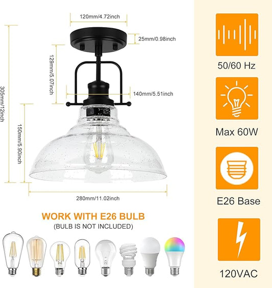 WILON 2 Pack 11'' Seeded Glass Ceiling Light Fixture Black Semi Flush Mount Ceiling Light Fixture Modern Farmhouse Lighting Fixture Ceiling Lamp for Kitchen Hallway Dining Living Room Entryway