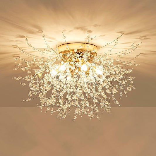 AGV LIGHTING CL023G Crystal Ceiling Light, Close to Ceiling Flushmount Light Fixture, Firework Design Dandelion Shape, 6-Lights, D18 x H10, Gold Finish