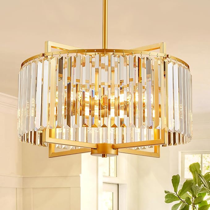 Modern Drum Crystal Chandelier for Dining Room, 20" Round Rustic 5-Light Gold Pendant Lightting Fixture for Living Room Kitchen Island Bedroom Hallway Foyer
