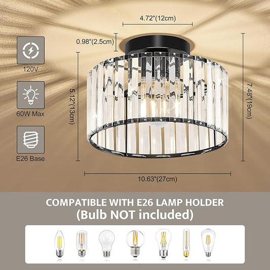 Modern Ceiling Light, Crystal Hallway Semi Flush Mount Ceiling Lighting Fixture, Black Metal Close to Ceiling Lamp for Bathroom Entryway Bedroom Porch Kitchen Living Room